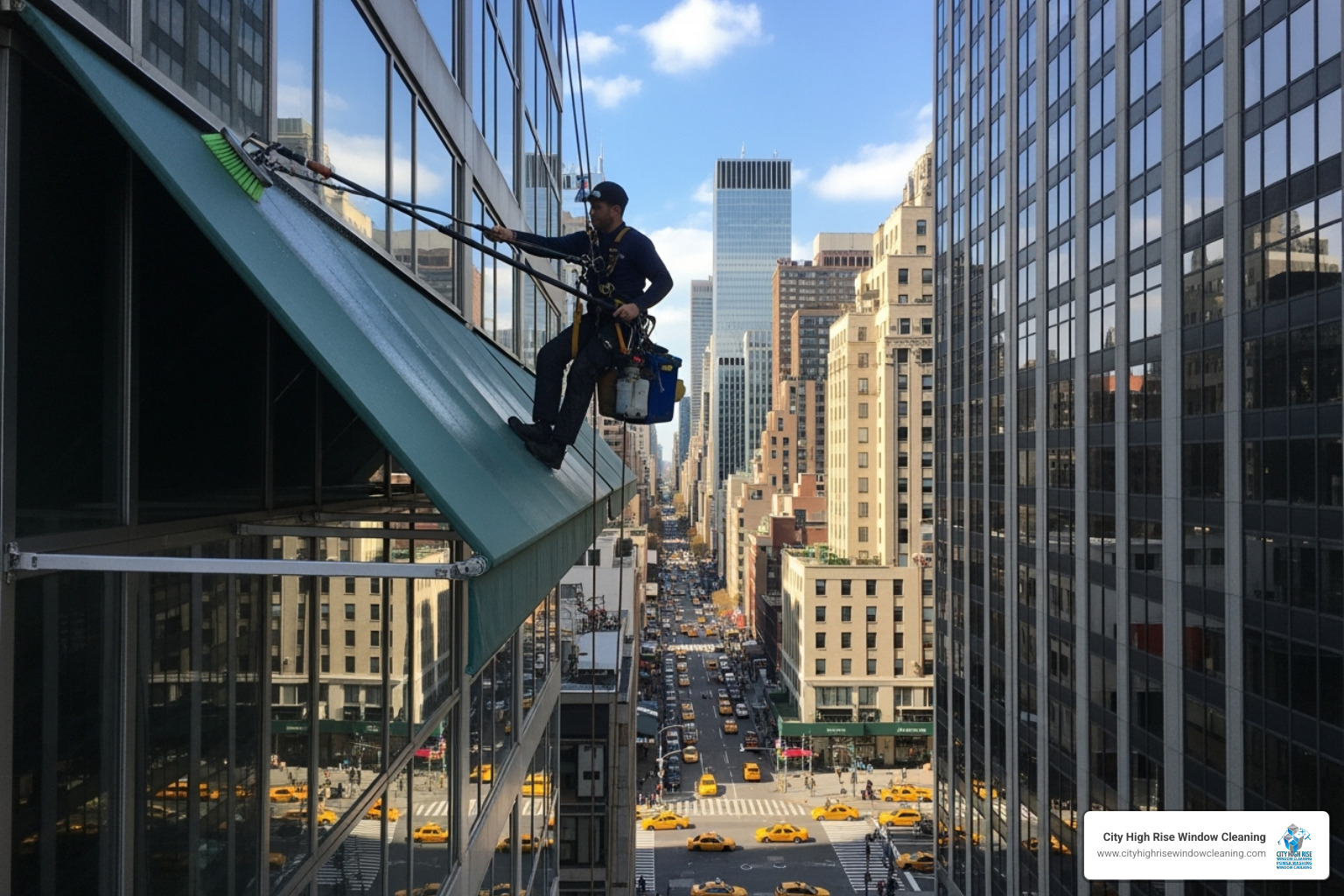 Uniformed professional from City High Rise Window Cleaning safely cleaning a high-rise commercial awning in Manhattan - awning cleaning Uniformed professional from City High Rise Window Cleaning safely cleaning a high-rise commercial awning in Manhattan - awning cleaning
