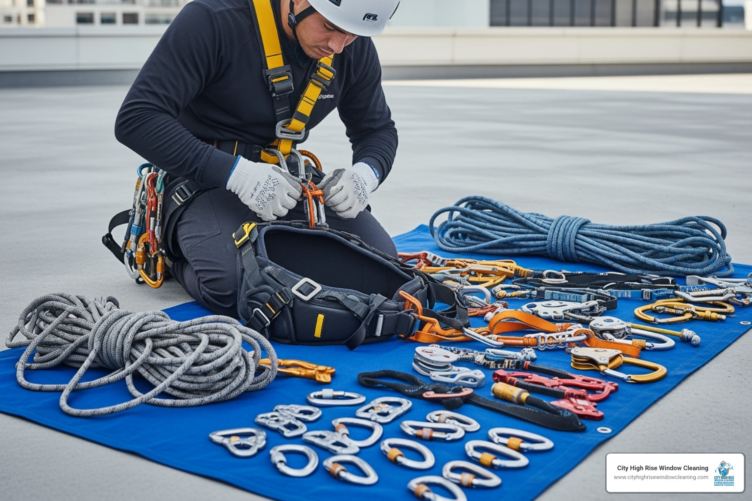 Technician performing pre-use equipment check - rope access cleaning Technician performing pre-use equipment check - rope access cleaning