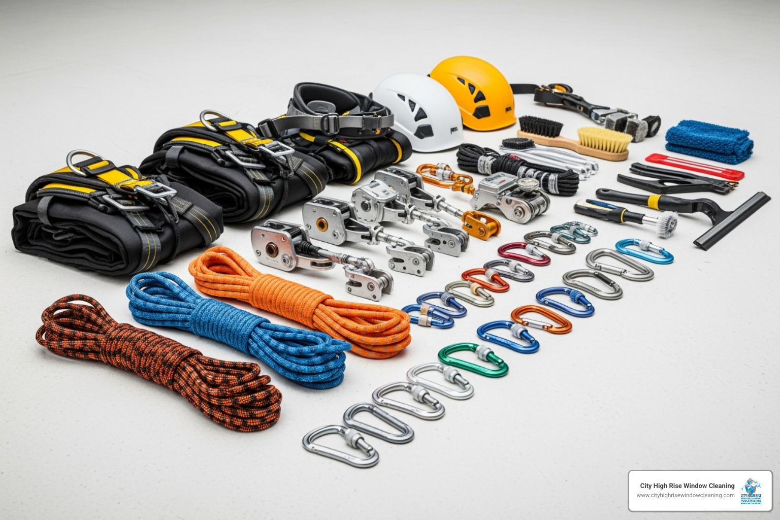 Rope access cleaning gear laid out for inspection - rope access cleaning Rope access cleaning gear laid out for inspection - rope access cleaning