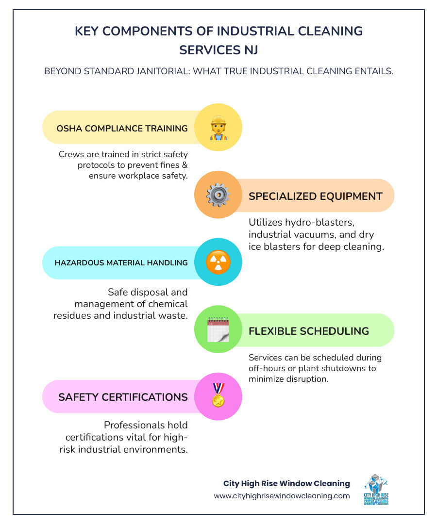 Infographic showing the key components of industrial cleaning services in New Jersey: OSHA compliance training, specialized equipment (hydro-blasters, industrial vacuums, dry ice blasters), hazardous material handling, flexible scheduling around plant operations, and safety certifications required for industrial environments - industrial cleaning services NJ infographic infographic-line-5-steps-colors Infographic showing the key components of industrial cleaning services in New Jersey: OSHA compliance training, specialized equipment (hydro-blasters, industrial vacuums, dry ice blasters), hazardous material handling, flexible scheduling around plant operations, and safety certifications required for industrial environments - industrial cleaning services NJ infographic infographic-line-5-steps-colors