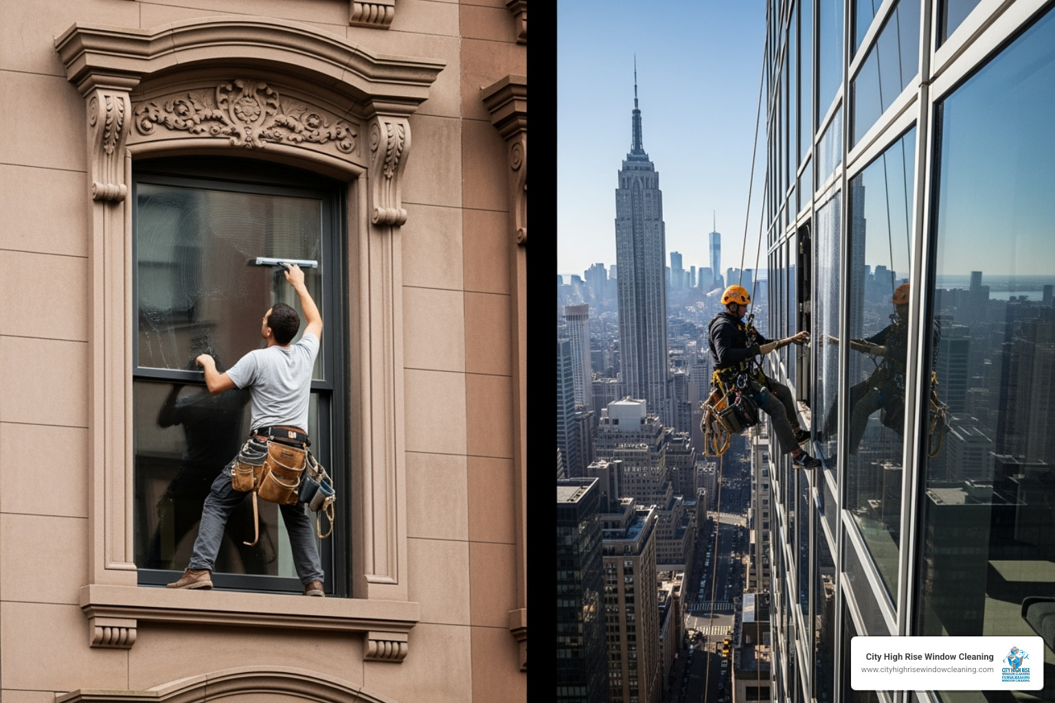 Split-screen of a residential brownstone window and a commercial skyscraper window being cleaned - window cleaning manhattan Split-screen of a residential brownstone window and a commercial skyscraper window being cleaned - window cleaning manhattan