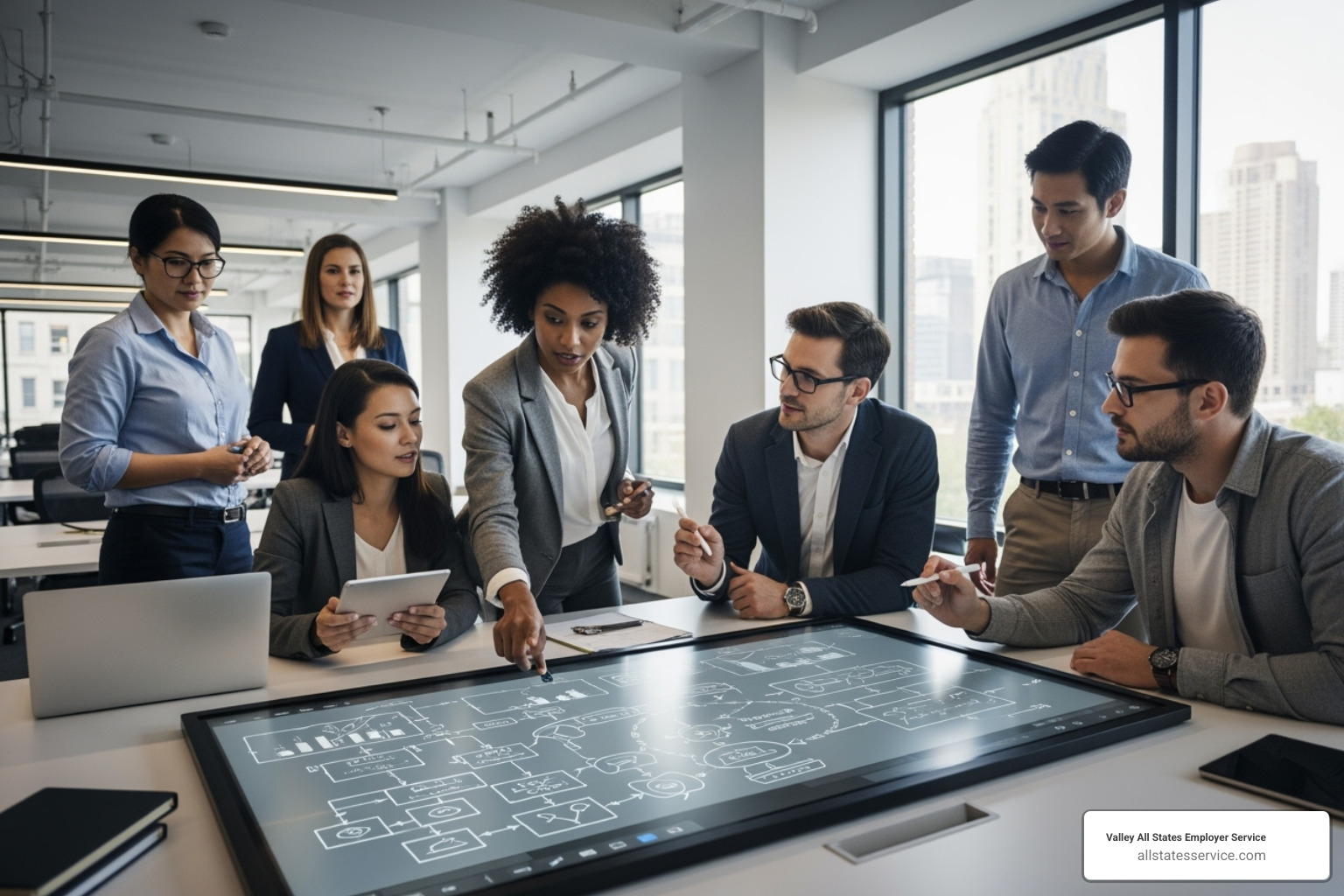 team collaborating on a new digital workflow on a whiteboard - Streamline HR processes team collaborating on a new digital workflow on a whiteboard - Streamline HR processes