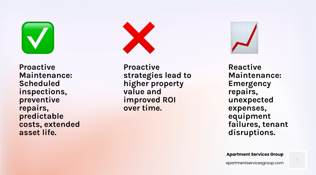 Infographic comparing proactive maintenance (scheduled inspections, preventive repairs, predictable costs, extended equipment life, higher property value) versus reactive maintenance (emergency repairs, unexpected expenses, equipment failures, tenant disruptions, decreased property value) - industrial property maintenance infographic 3_facts_emoji_light-gradient