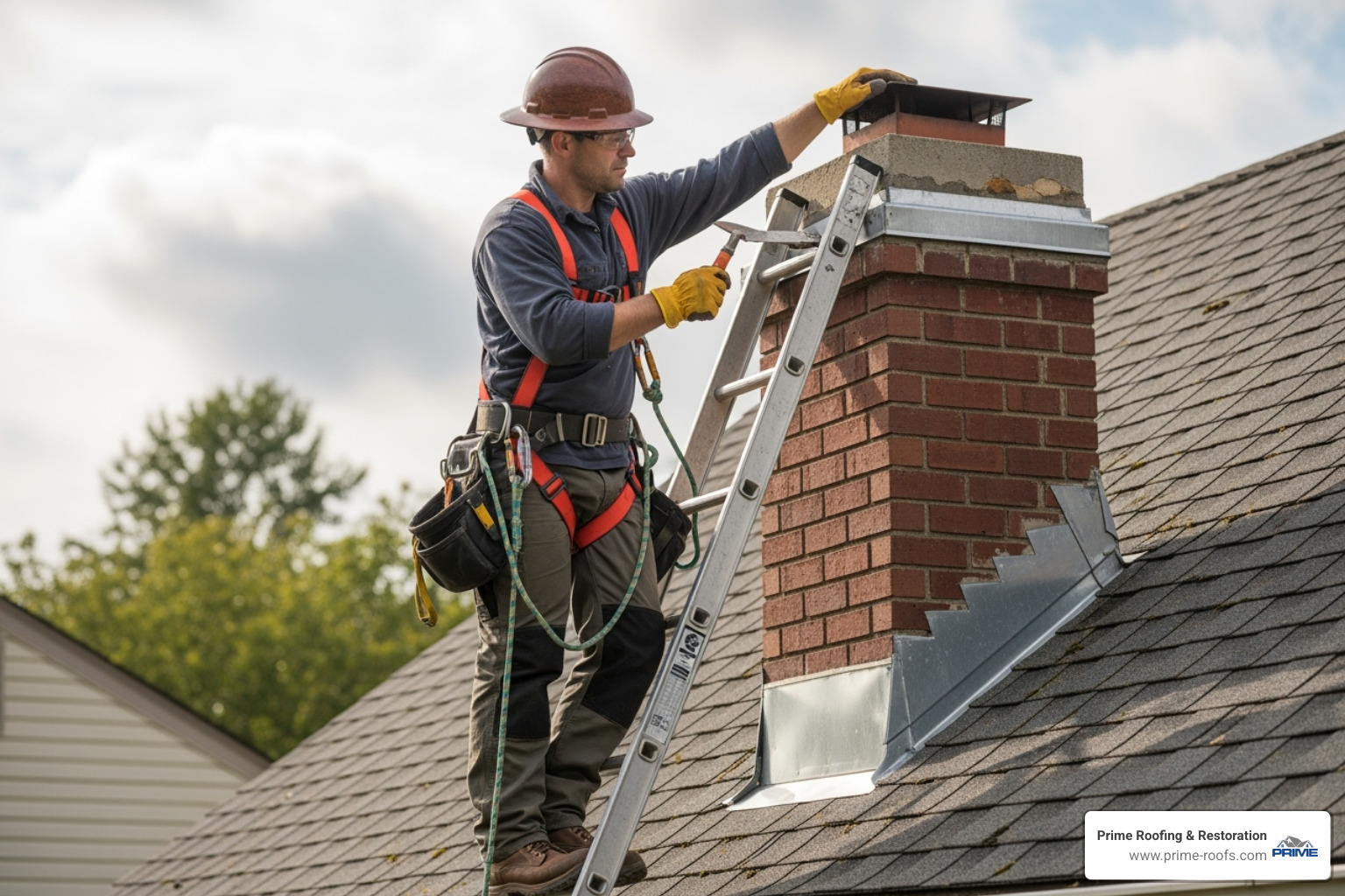 Image of a professional roofer on a ladder inspecting chimney flashing - Chimney flashing repair Orange Image of a professional roofer on a ladder inspecting chimney flashing - Chimney flashing repair Orange