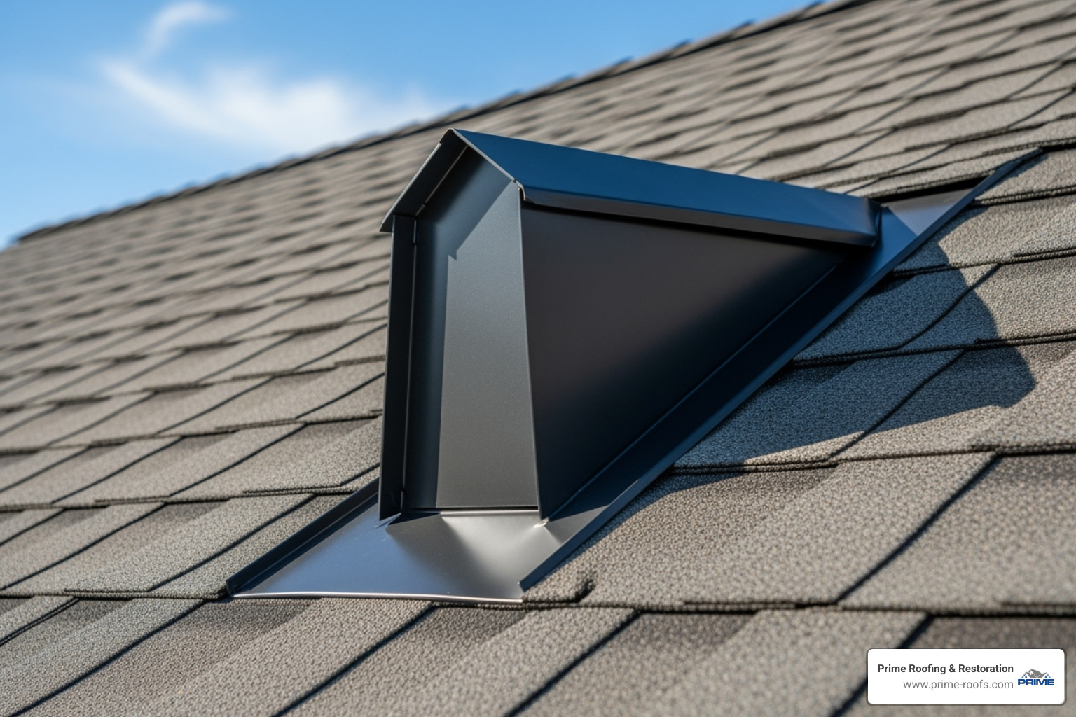 Image of a perfectly installed, clean chimney flashing system on a shingle roof - Chimney flashing repair Orange Image of a perfectly installed, clean chimney flashing system on a shingle roof - Chimney flashing repair Orange