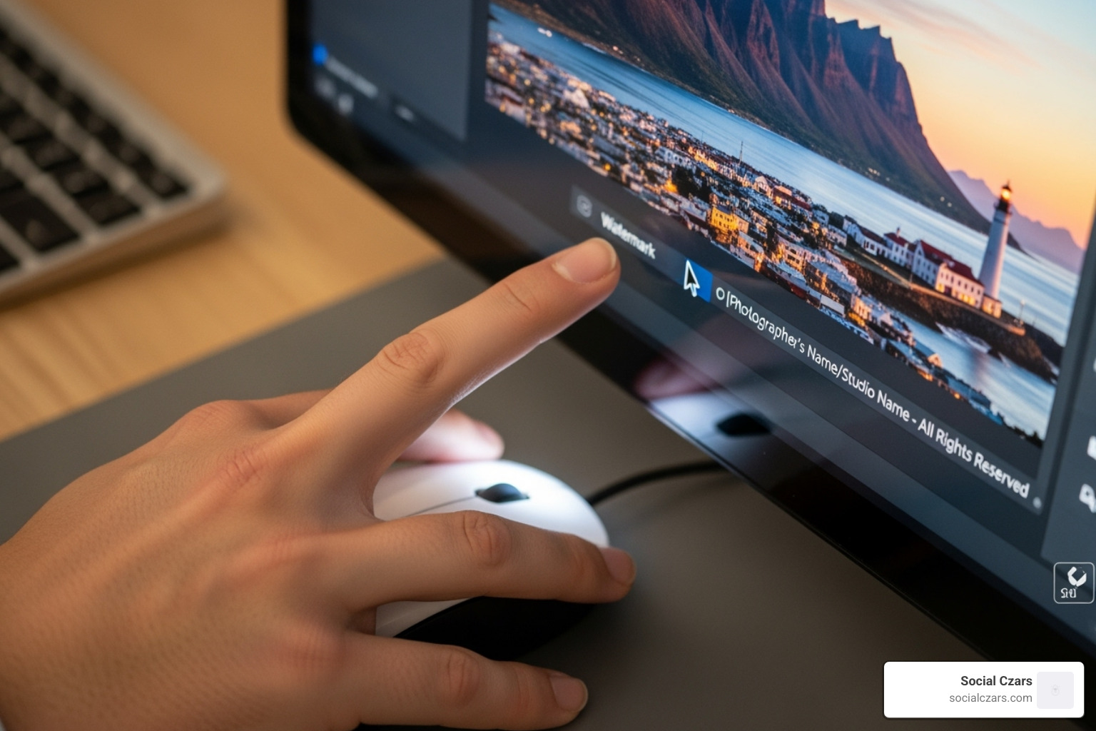 A photographer's hand editing a photo on a computer screen, adding a subtle watermark to the image. - Online image protection A photographer's hand editing a photo on a computer screen, adding a subtle watermark to the image. - Online image protection