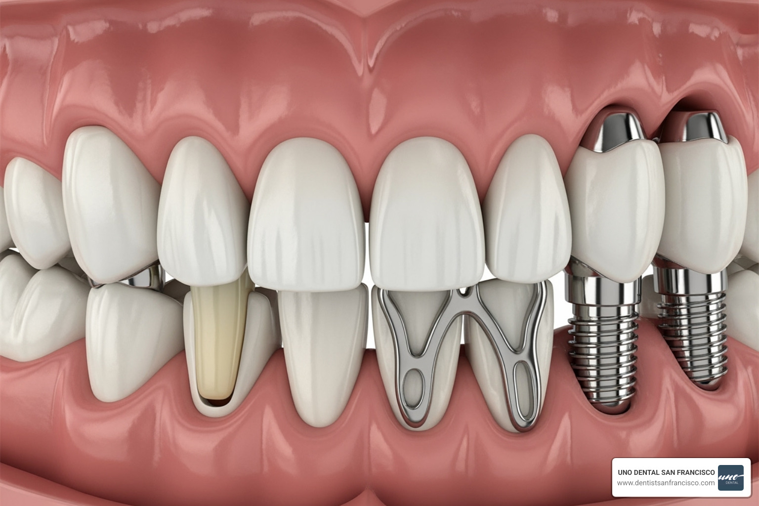 Image of the four main types of dental bridges side-by-side - San Francisco dental bridges