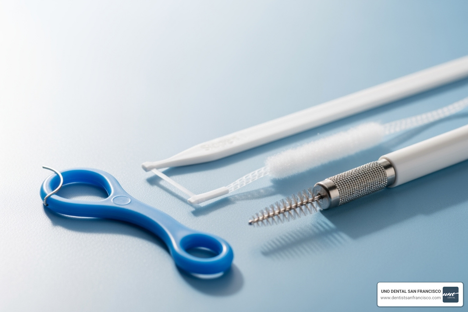 Image of specialized tools for cleaning under a dental bridge like a floss threader - San Francisco dental bridges