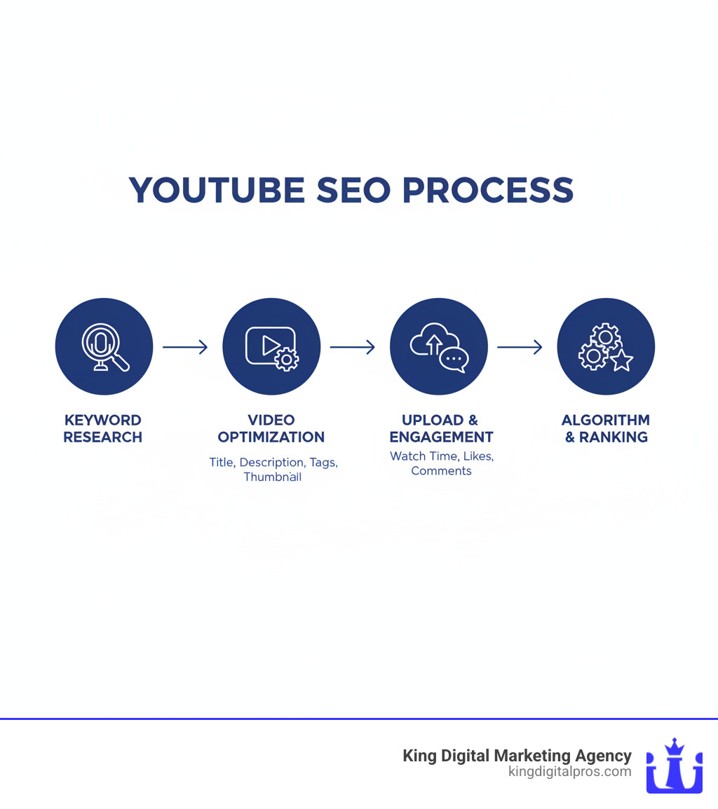 Infographic showing the YouTube SEO process: keyword research leads to video optimization (title, description, tags, thumbnail), which feeds into upload and promotion, followed by audience engagement (watch time, likes, comments), and finally YouTube algorithm ranking and recommendations - seo in youtube means infographic 