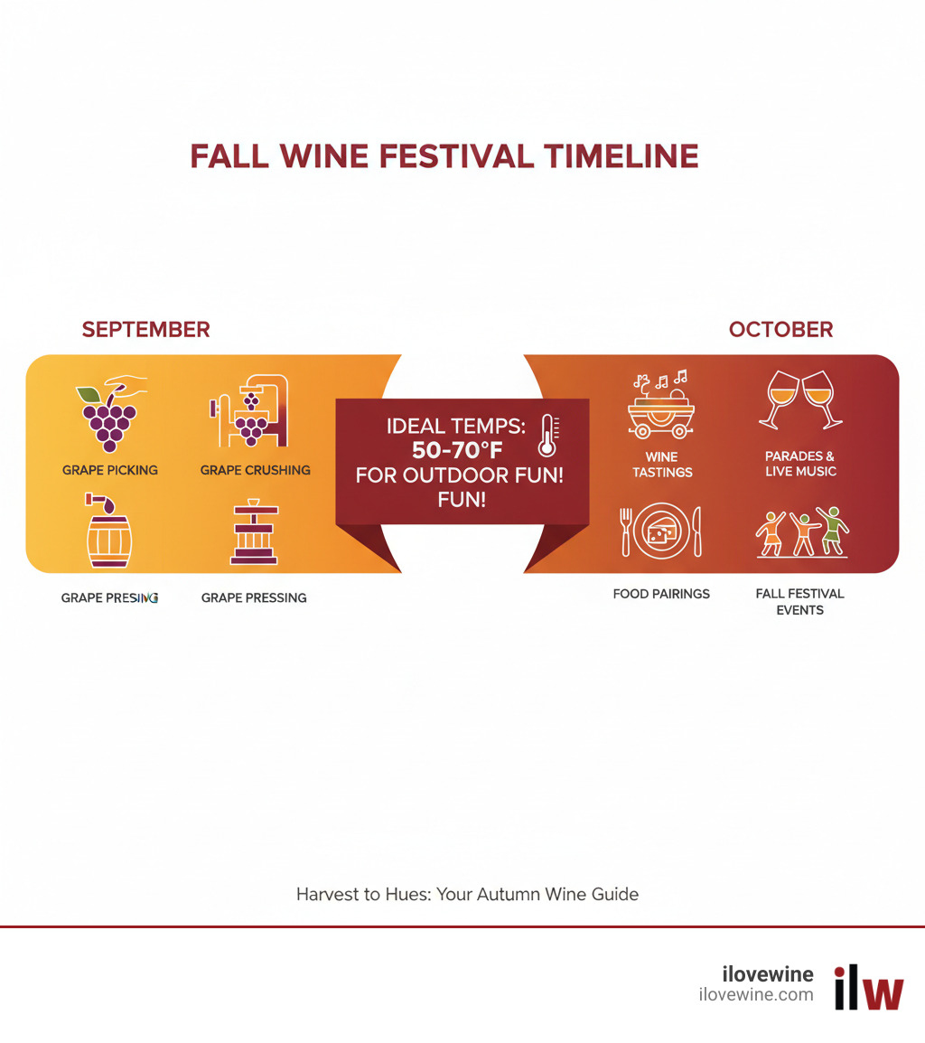 infographic showing the grape harvest timeline from September through October, highlighting key activities like picking, crushing, and pressing grapes, alongside fall festival events including wine tastings, parades, food pairings, and live music performances, with temperature ranges of 50-70°F noted as ideal for outdoor wine festivals - Fall wine festivals infographic infographic showing the grape harvest timeline from September through October, highlighting key activities like picking, crushing, and pressing grapes, alongside fall festival events including wine tastings, parades, food pairings, and live music performances, with temperature ranges of 50-70°F noted as ideal for outdoor wine festivals - Fall wine festivals infographic