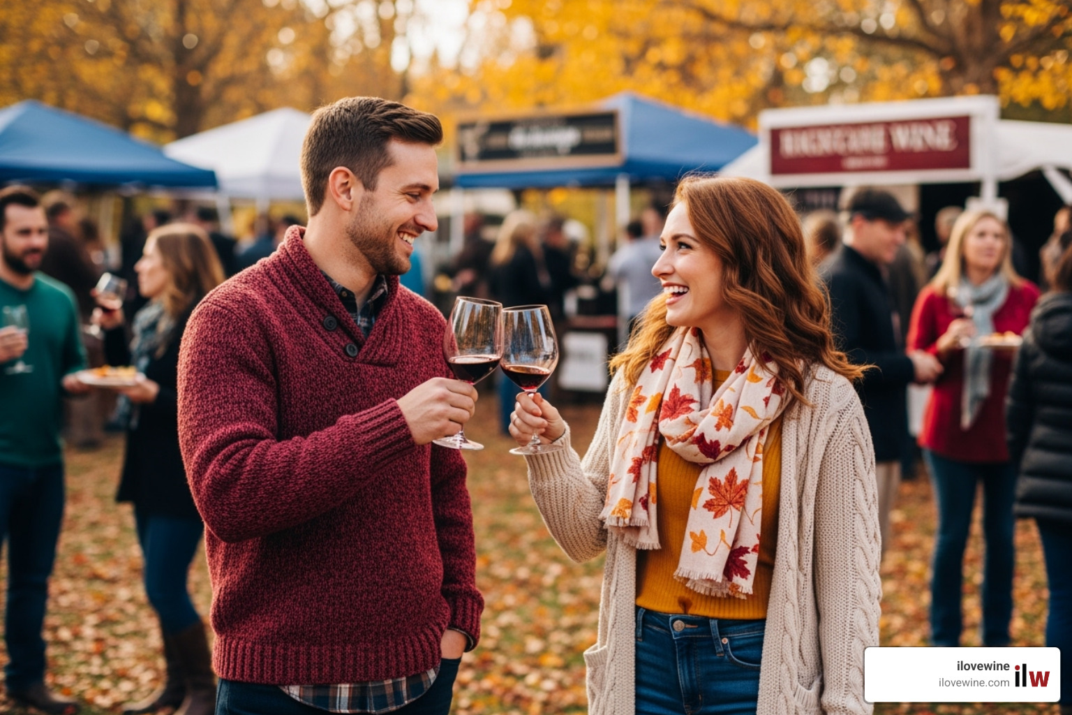 couple cheersing with wine glasses, dressed in cozy fall attire - Fall wine festivals couple cheersing with wine glasses, dressed in cozy fall attire - Fall wine festivals