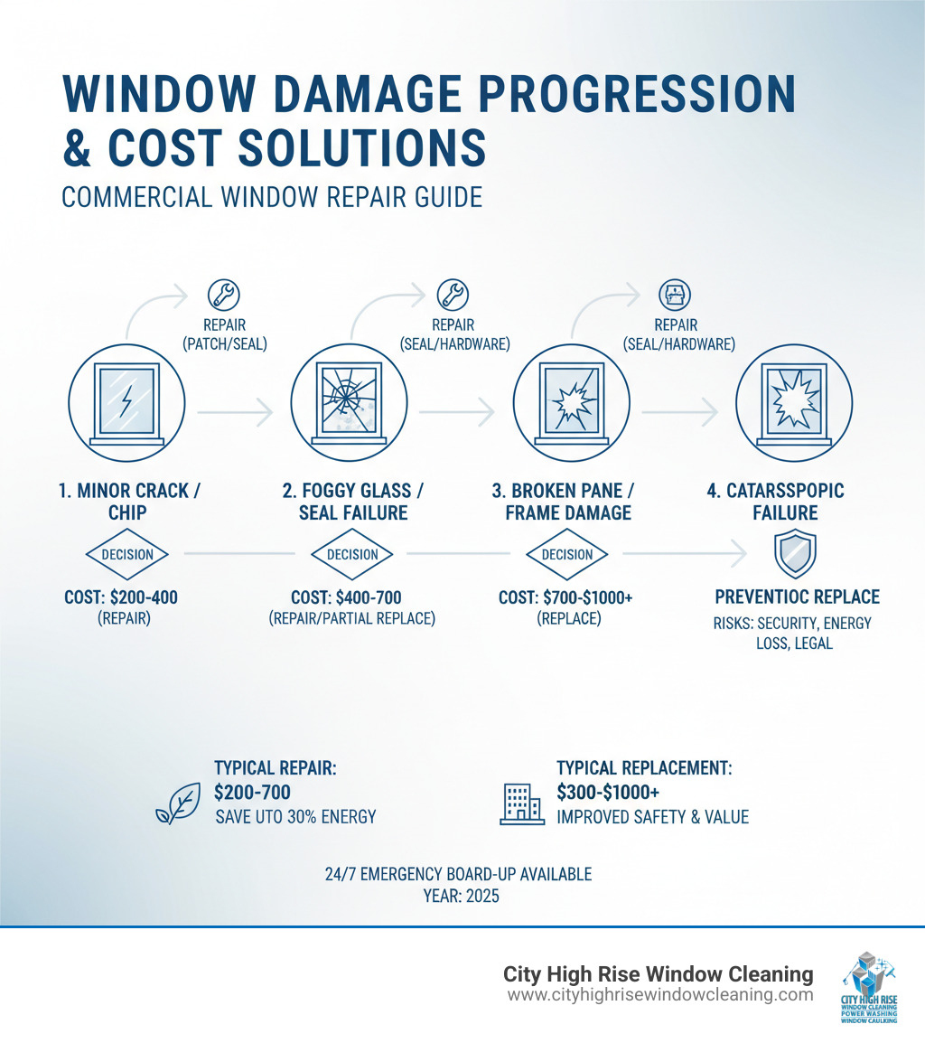 infographic showing progression of window damage from minor crack to complete failure, with cost implications at each stage and decision points for repair vs replacement - Commercial window repair infographic infographic showing progression of window damage from minor crack to complete failure, with cost implications at each stage and decision points for repair vs replacement - Commercial window repair infographic