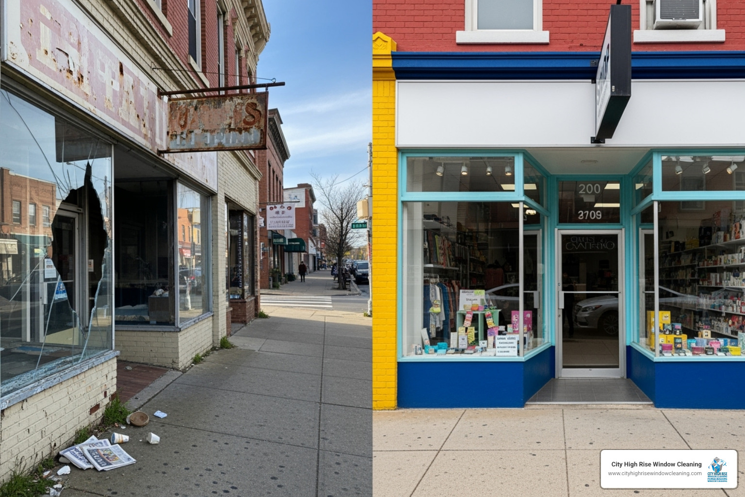 Neglected storefront vs. vibrant storefront - Commercial window repair Neglected storefront vs. vibrant storefront - Commercial window repair