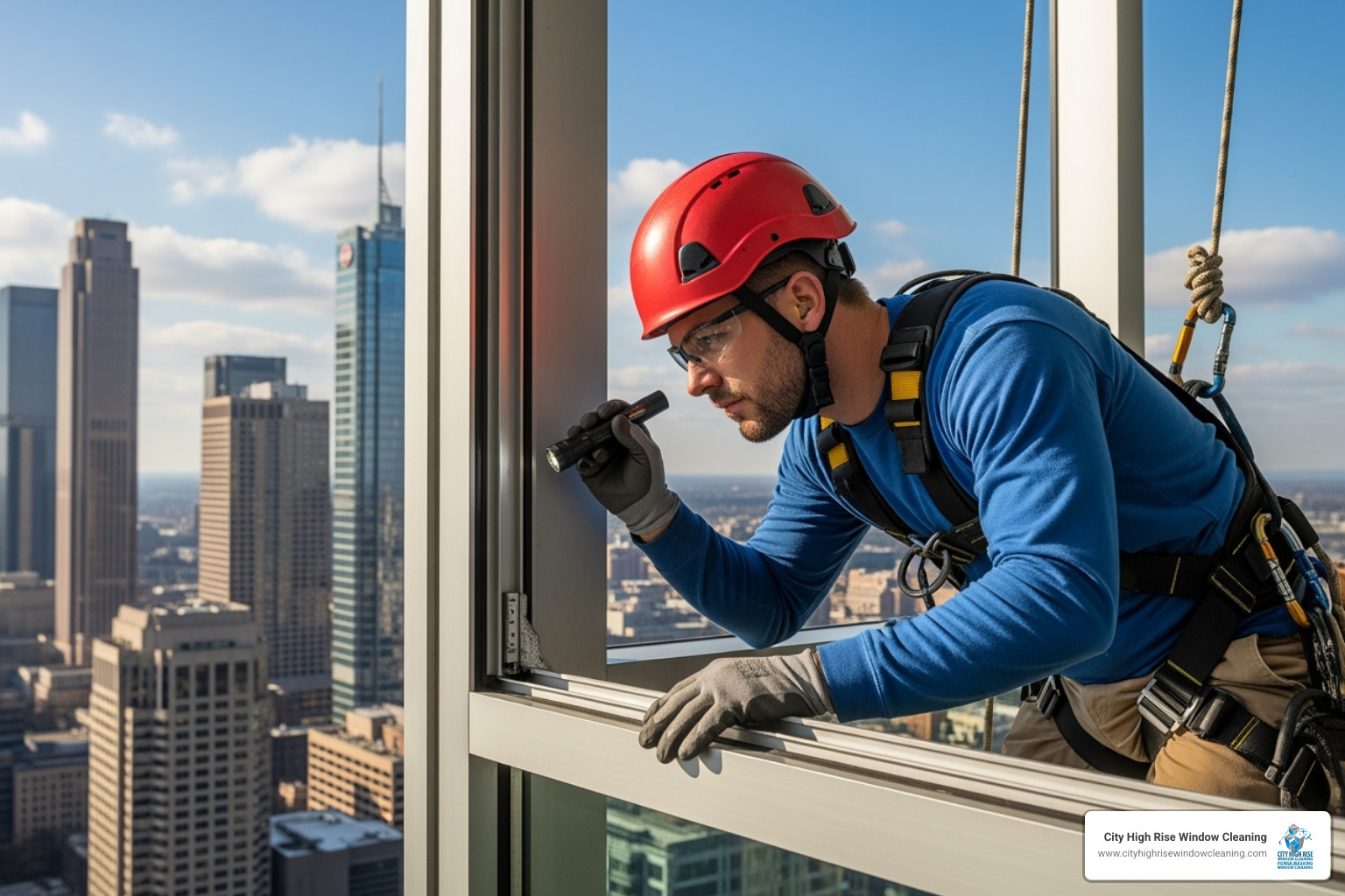 technician performing routine window maintenance - Commercial window repair technician performing routine window maintenance - Commercial window repair