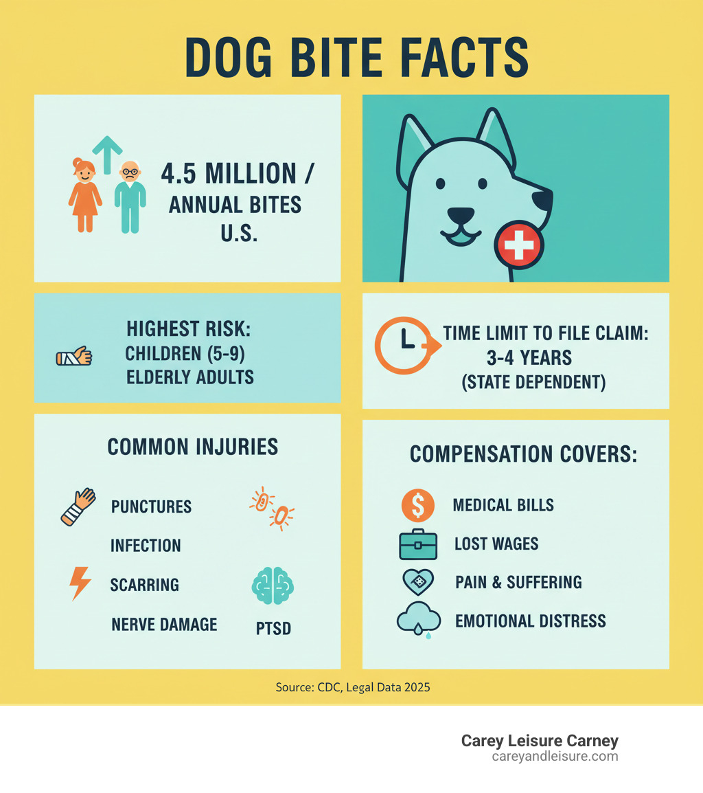 Infographic showing 4.5 million annual dog bites in the US, with children ages 5-9 and elderly adults as highest-risk groups; common injuries include puncture wounds, infections, scarring, nerve damage, and PTSD; victims have 3-4 years to file claims depending on state; compensation covers medical bills, lost wages, pain and suffering, and emotional distress - dog attack legal advice infographic 