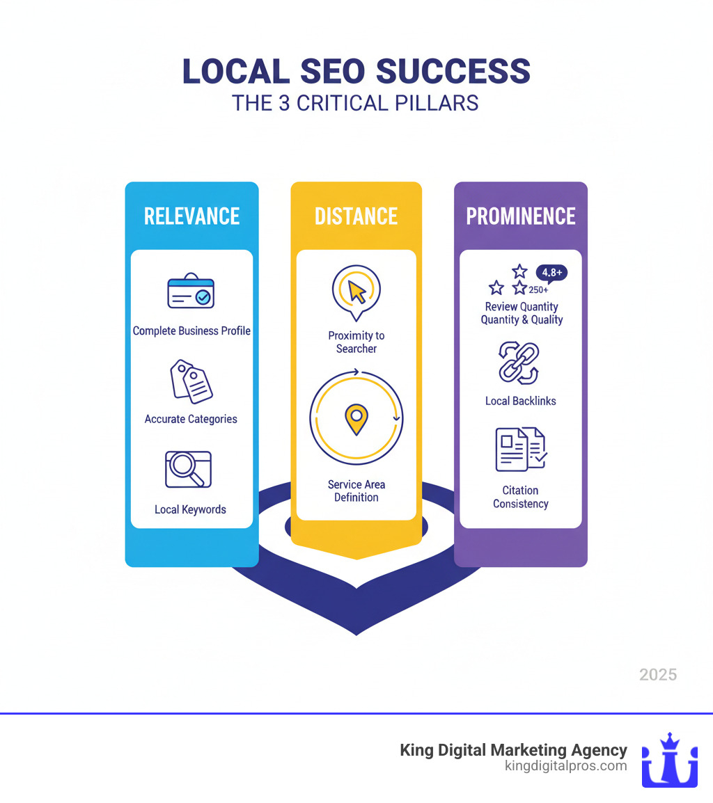 infographic showing three pillars: Relevance (complete business profile, accurate categories, local keywords), Distance (proximity to searcher, service area definition), and Prominence (review quantity and quality, local backlinks, citation consistency) - Local SEO tips infographic infographic showing three pillars: Relevance (complete business profile, accurate categories, local keywords), Distance (proximity to searcher, service area definition), and Prominence (review quantity and quality, local backlinks, citation consistency) - Local SEO tips infographic