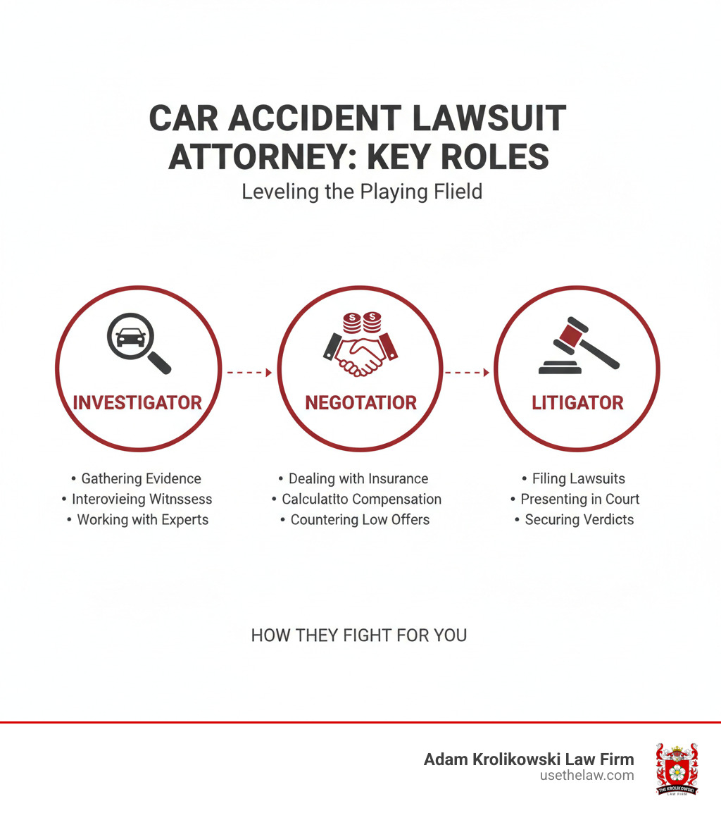 Infographic showing the three key roles of a car accident lawsuit attorney: Investigator (gathering evidence, interviewing witnesses, working with professionals), Negotiator (dealing with insurance companies, calculating fair compensation, countering lowball offers), and Litigator (filing lawsuits, presenting evidence in court, securing verdicts when settlements fail) - Car accident lawsuit attorney infographic Infographic showing the three key roles of a car accident lawsuit attorney: Investigator (gathering evidence, interviewing witnesses, working with professionals), Negotiator (dealing with insurance companies, calculating fair compensation, countering lowball offers), and Litigator (filing lawsuits, presenting evidence in court, securing verdicts when settlements fail) - Car accident lawsuit attorney infographic