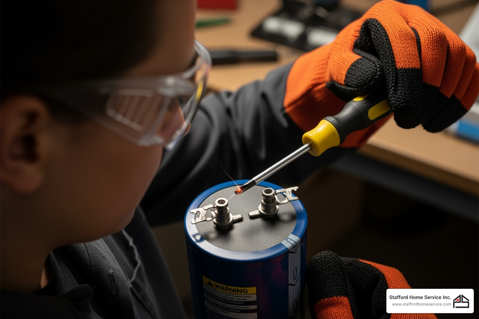 A person wearing insulated gloves and safety glasses, using an insulated screwdriver to discharge an AC capacitor by bridging its terminals. - AC capacitor replacement