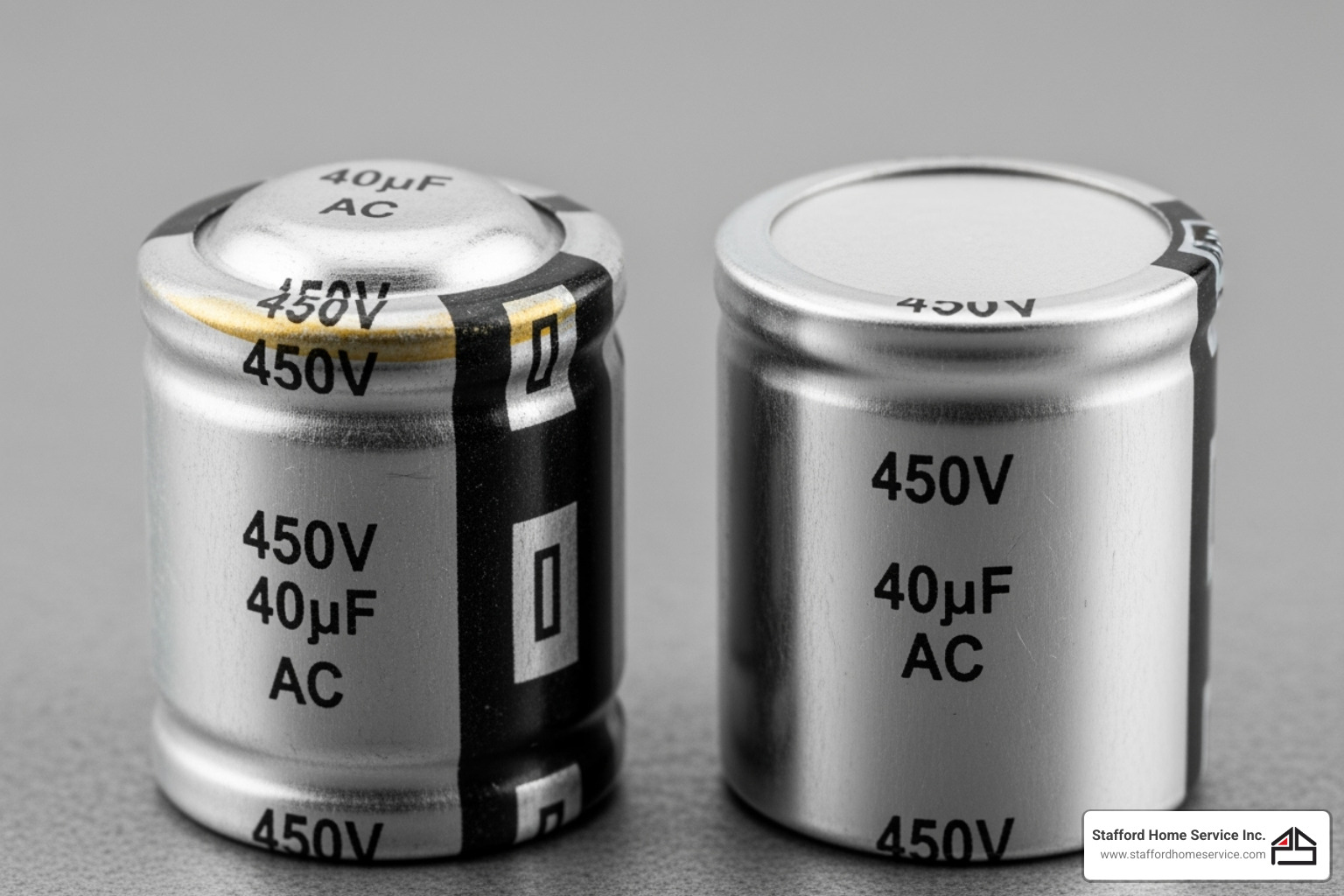 A side-by-side image of a severely bulging AC capacitor next to a brand new, flat-topped AC capacitor, clearly showing the visible damage. - AC capacitor replacement