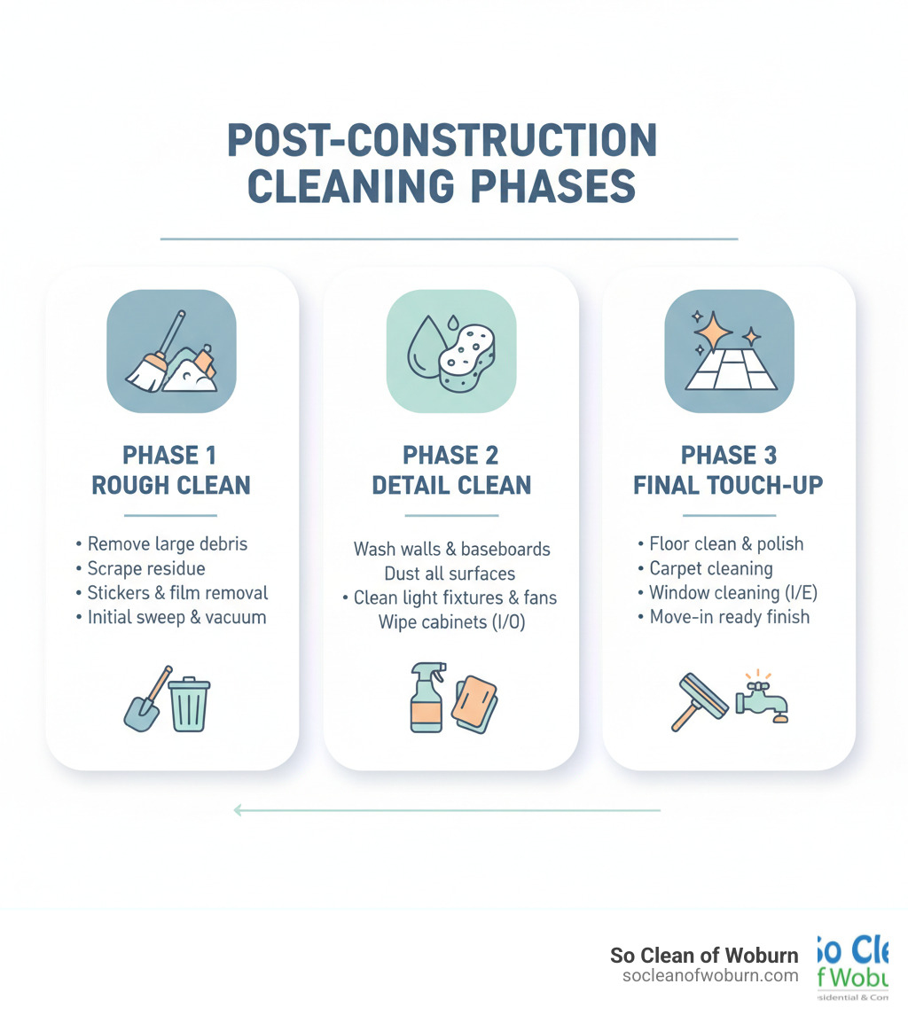 Infographic showing the 3 phases of post-construction cleaning: Phase 1 Rough Clean includes removing large debris, scraping residue, removing stickers and protective films, and initial sweeping and vacuuming. Phase 2 Detail Clean includes washing walls and baseboards, dusting all surfaces, cleaning light fixtures and fans, and wiping down cabinets inside and out. Phase 3 Final Touch-Up includes final floor cleaning and polishing, professional carpet cleaning, interior and exterior window cleaning, polishing fixtures, and final wipe-down for move-in ready finish. - post construction clean infographic 