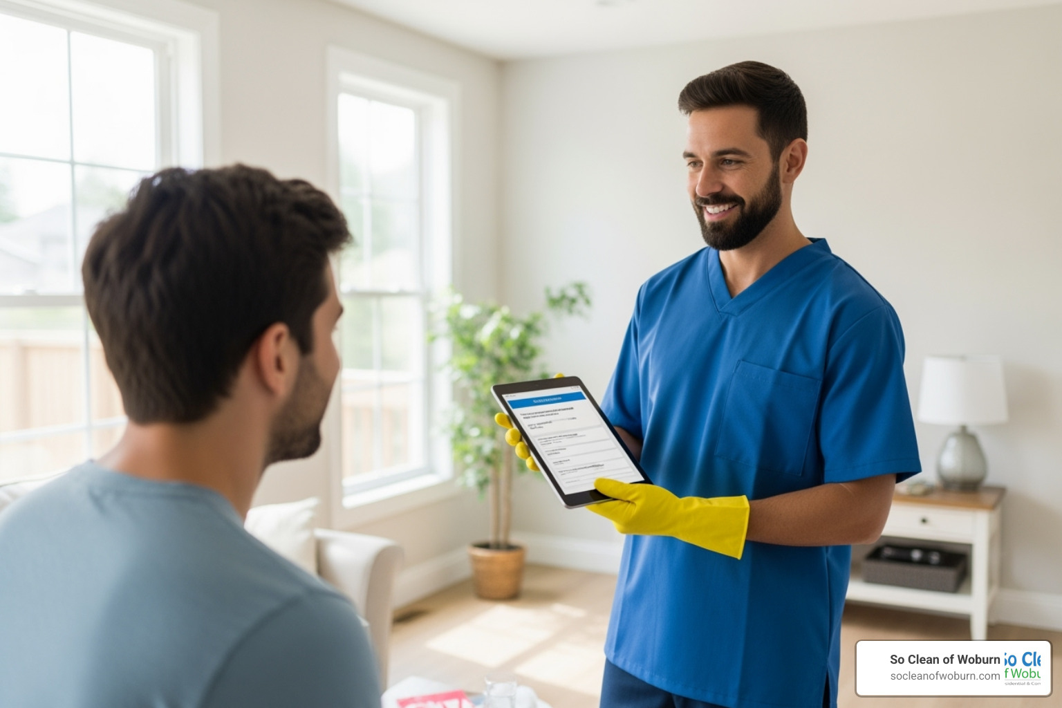 friendly cleaning professional providing a quote to a homeowner in a newly renovated space - post construction clean