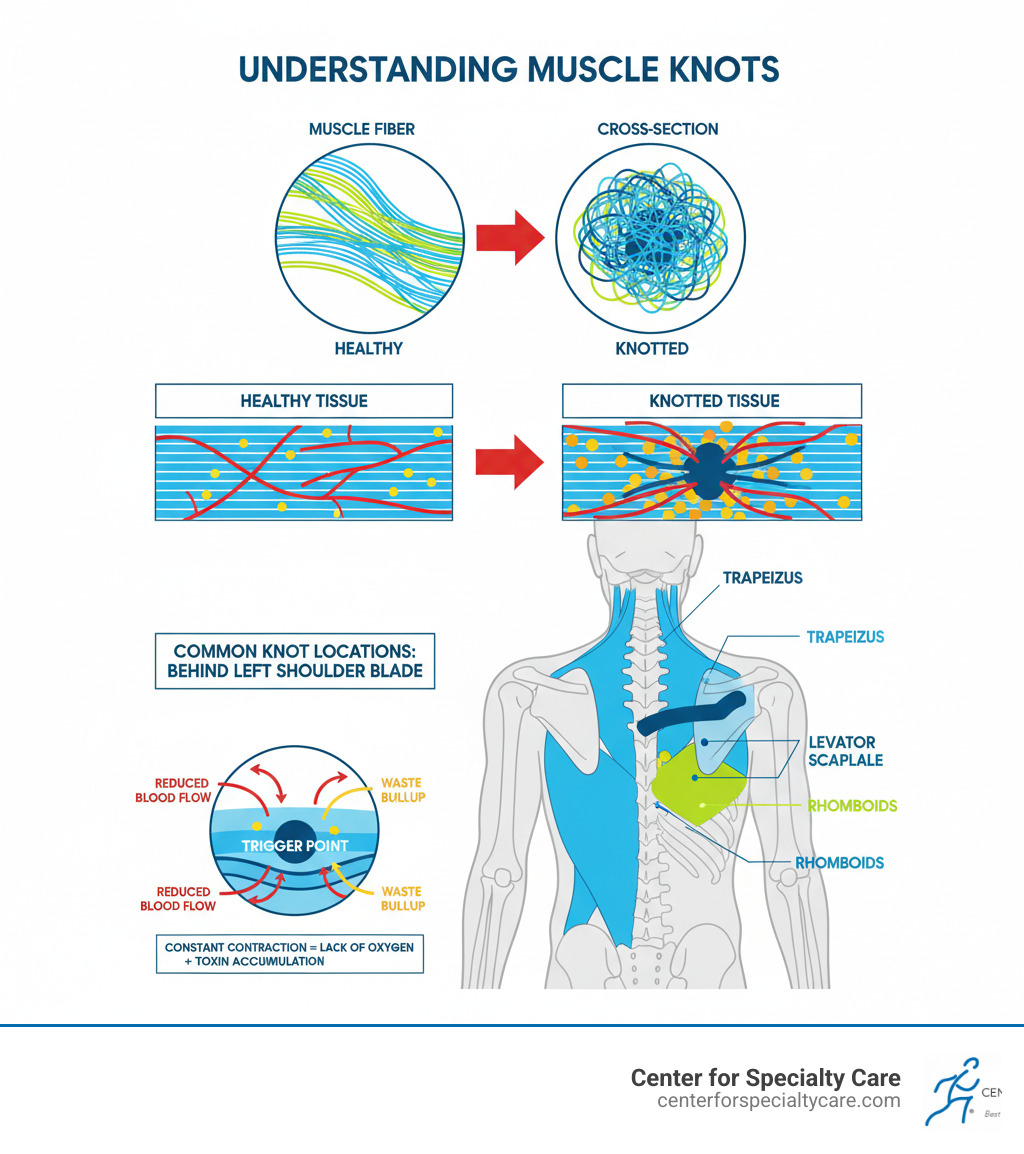 Detailed infographic showing cross-section of muscle fibers in a knotted state with actin and myosin filaments contracted, comparison of healthy vs knotted muscle tissue, diagram of upper back anatomy highlighting trapezius rhomboid and levator scapulae muscles where knots commonly form behind left shoulder blade, and illustration of reduced blood flow and waste buildup in trigger points - knot behind left shoulder blade infographic 