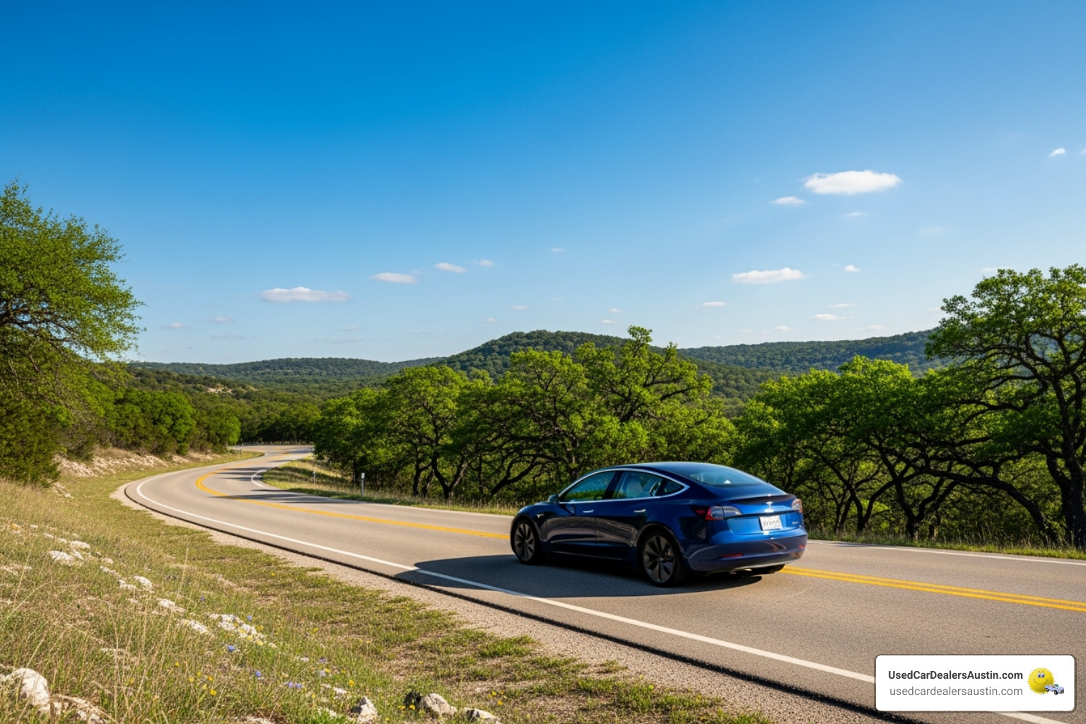 Car driving on a scenic Texas road near Austin - used cars for sale austin