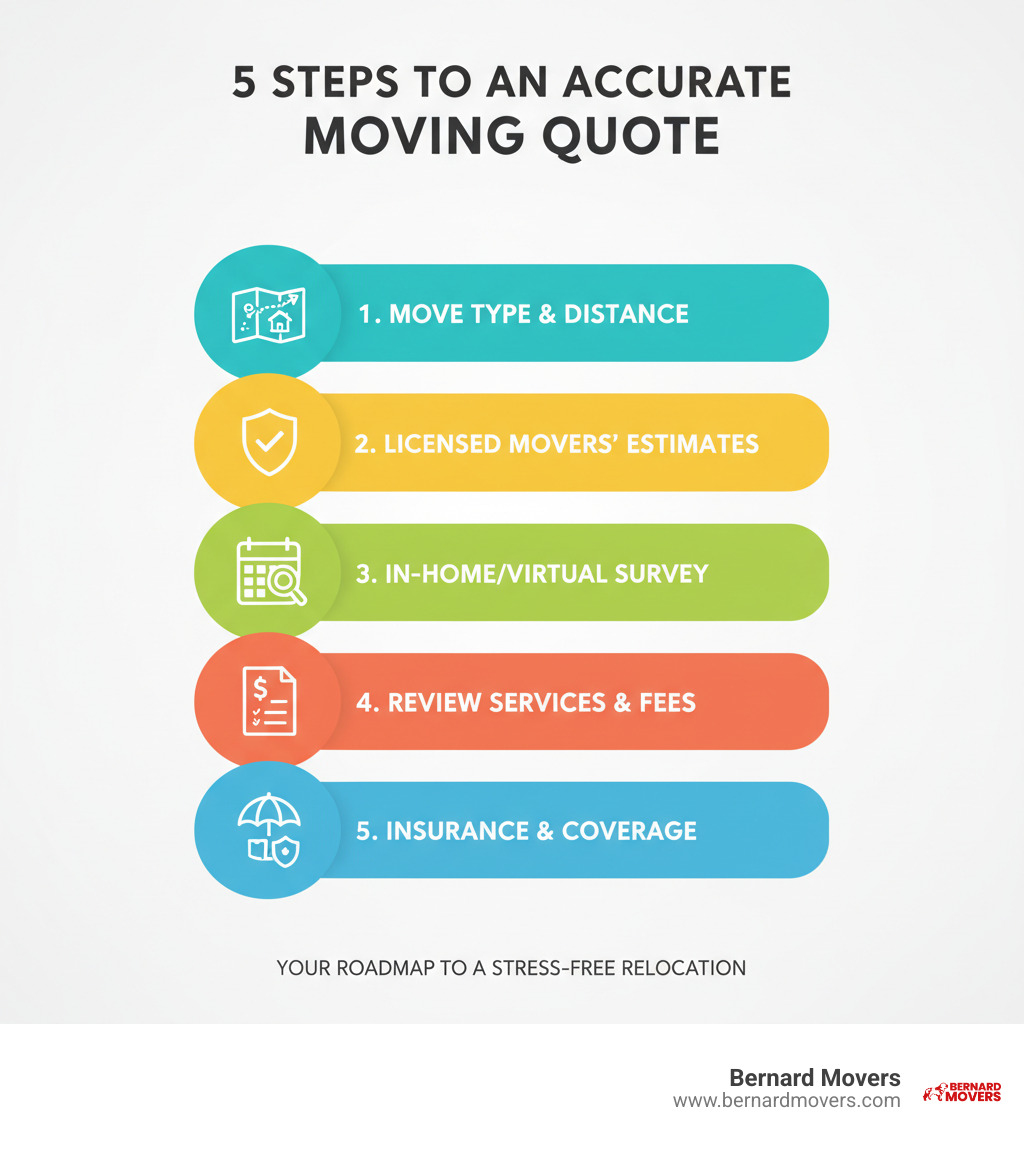 Infographic showing the 5 key steps to getting an accurate residential moving quote: 1) Determine your move type and distance, 2) Request estimates from licensed movers, 3) Schedule an in-home or virtual survey, 4) Review quote details including all services and fees, 5) Understand insurance options and coverage - residential moving services infographic 