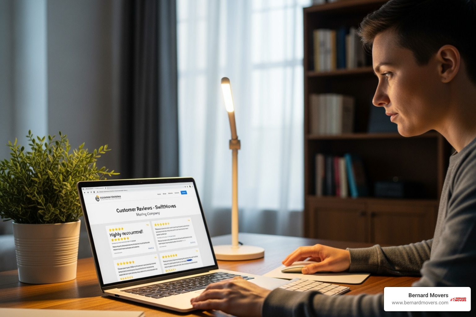 Person on laptop looking at Bernard Movers reviews - residential moving services