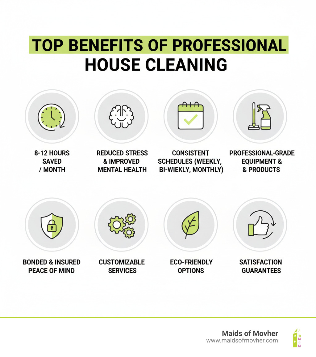 Infographic showing top benefits of professional house cleaning: Average 8-12 hours saved per month, reduced stress and improved mental health, consistent cleaning schedules (weekly, bi-weekly, or monthly options), professional-grade equipment and products, bonded and insured peace of mind, customizable services for your specific needs, eco-friendly cleaning options available, satisfaction guarantees and re-clean policies - house cleaning near me spokane valley infographic 
