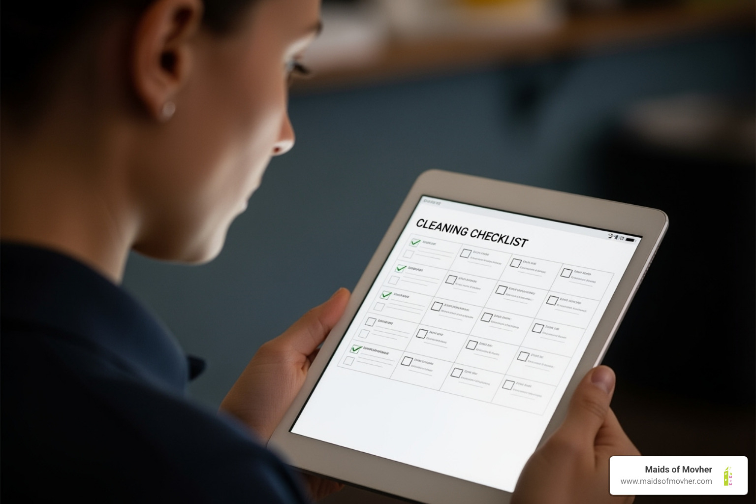 A person reviewing a cleaning checklist on a tablet - house cleaning near me spokane valley