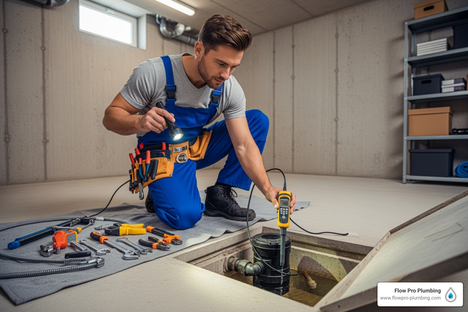 a professional plumber inspecting a sump pump system - sump pump repair Brentwood a professional plumber inspecting a sump pump system - sump pump repair Brentwood