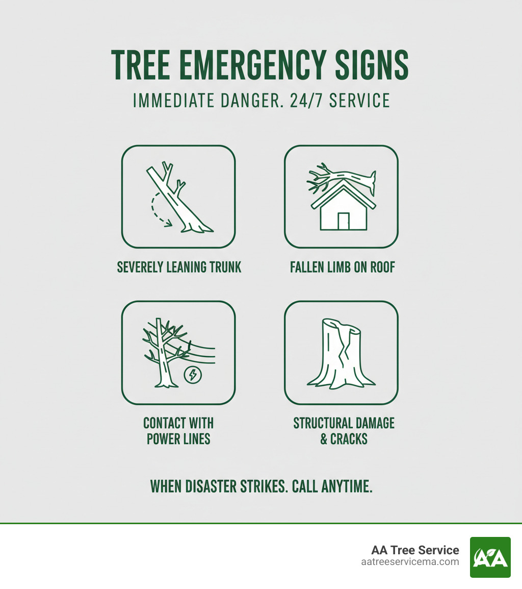 infographic showing four key signs of a tree emergency: a tree with a severely leaning trunk at a dangerous angle, a large fallen limb on a roof, a tree in contact with power lines, and visible structural damage with large cracks in the trunk - 24 hour tree service infographic 