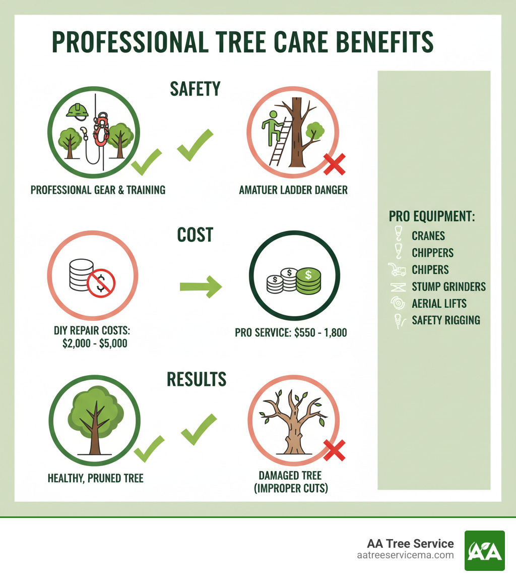 Infographic showing professional tree care benefits: Top section displays "Safety" with icon of hard hat and professional climbing gear vs amateur ladder; Middle section shows "Cost" comparing average DIY repair costs $2,000-$5,000 vs professional service $550-$1,800; Bottom section illustrates "Results" with healthy pruned tree vs damaged tree from improper cuts; Side panel lists required professional equipment: cranes, chippers, stump grinders, aerial lifts, and safety rigging - tree service woburn ma infographic 