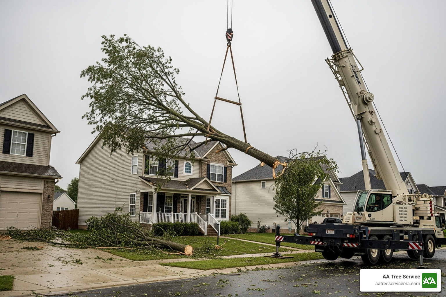 crane lifting tree section off house - 24 hour tree service
