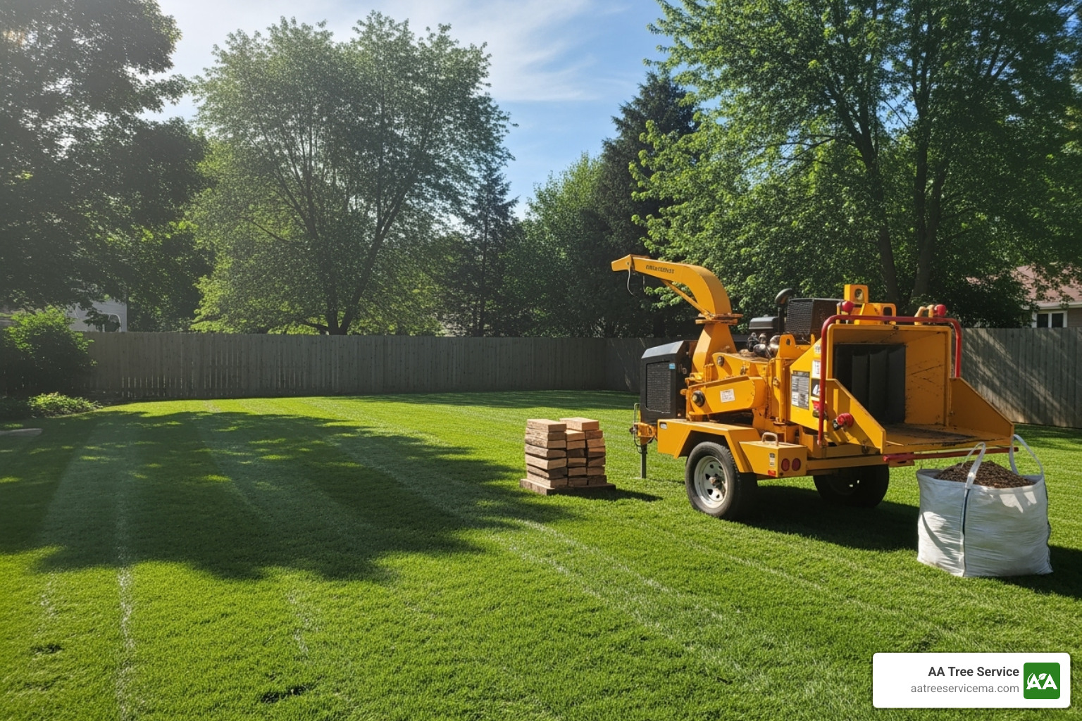 clean yard with wood chipper - 24 hour tree service
