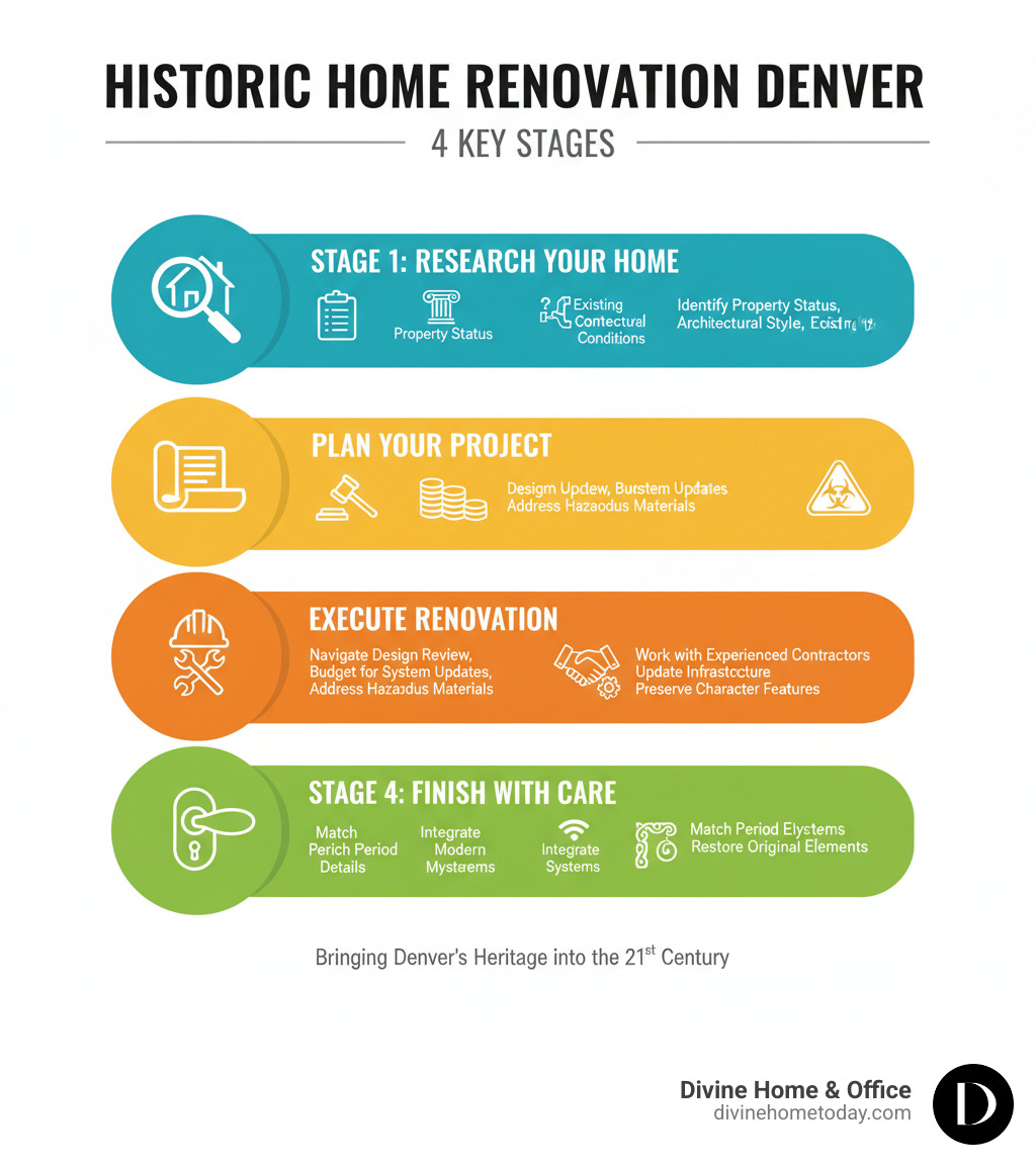 Infographic showing the 4 key stages of historic home renovation in Denver: Stage 1 - Research Your Home (identify property status, architectural style, and existing conditions); Stage 2 - Plan Your Project (navigate design review, budget for system updates, address hazardous materials); Stage 3 - Execute Renovation (work with experienced contractors, update infrastructure, preserve character features); Stage 4 - Finish with Care (match period details, integrate modern systems, restore original elements) - Historic home renovation Denver infographic Infographic showing the 4 key stages of historic home renovation in Denver: Stage 1 - Research Your Home (identify property status, architectural style, and existing conditions); Stage 2 - Plan Your Project (navigate design review, budget for system updates, address hazardous materials); Stage 3 - Execute Renovation (work with experienced contractors, update infrastructure, preserve character features); Stage 4 - Finish with Care (match period details, integrate modern systems, restore original elements) - Historic home renovation Denver infographic