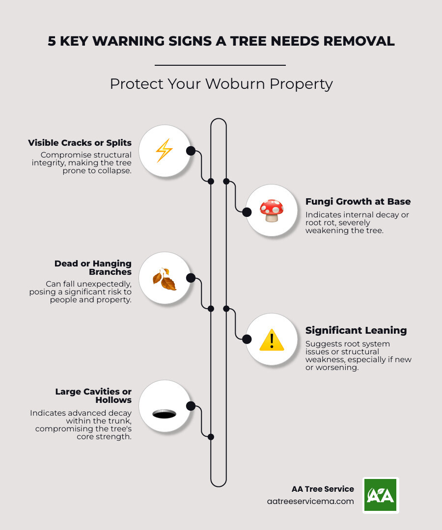 Infographic showing 5 key warning signs a tree needs removal: 1) Visible cracks or splits in the trunk, 2) Mushrooms or fungi growing at the base, 3) Dead or hanging branches in the canopy, 4) Significant lean toward structures or power lines, 5) Large cavities or hollow sections in the trunk - tree removal in woburn ma infographic infographic-line-5-steps-elegant_beige