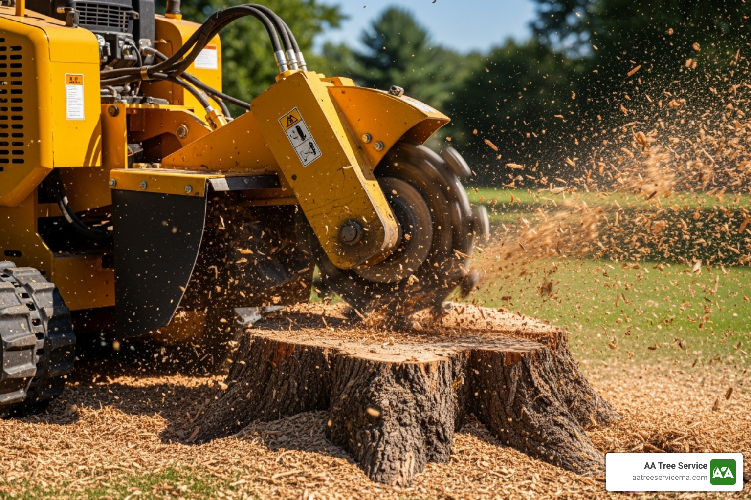 A powerful stump grinder machine actively grinding a tree stump into wood chips, with wood chips flying - tree removal woburn ma