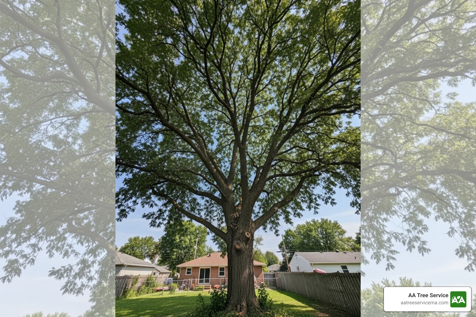 A tree care expert in a hard hat and safety vest, looking up at a large tree in a residential backyard, holding a clipboard and pen - tree removal woburn ma