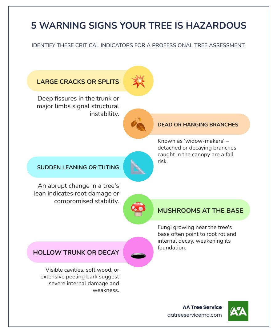 Infographic showing the 5 key warning signs that indicate a tree is hazardous and needs professional removal: 1) Large cracks or splits in the trunk, 2) Dead or hanging branches (widow-makers), 3) Sudden leaning or tilting, 4) Mushrooms growing at the tree base indicating root rot, 5) Hollow trunk or extensive decay visible through peeling bark - Tree Removal Framingham MA infographic infographic-line-5-steps-colors Infographic showing the 5 key warning signs that indicate a tree is hazardous and needs professional removal: 1) Large cracks or splits in the trunk, 2) Dead or hanging branches (widow-makers), 3) Sudden leaning or tilting, 4) Mushrooms growing at the tree base indicating root rot, 5) Hollow trunk or extensive decay visible through peeling bark - Tree Removal in Framingham MA infographic infographic-line-5-steps-colors