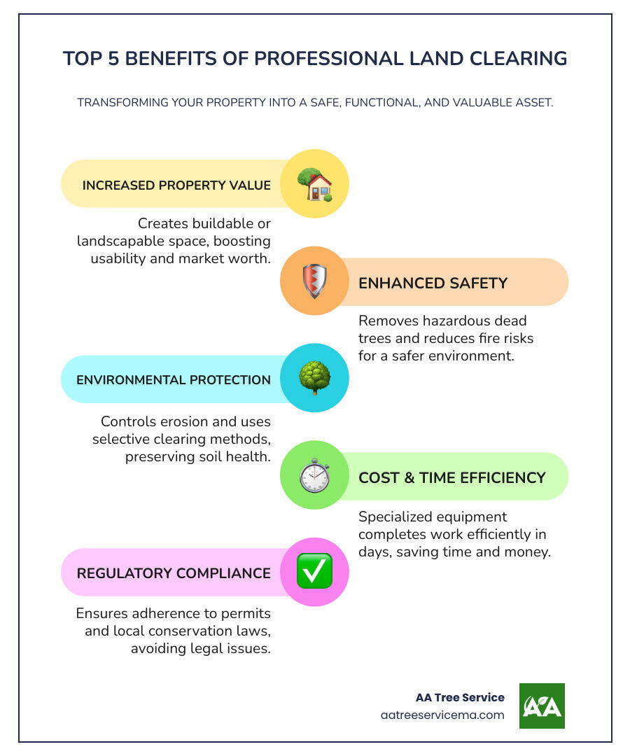 Infographic showing the top 5 benefits of professional land clearing: 1) Increased property value and usability through creating buildable or landscapable space, 2) Enhanced safety by removing hazardous dead trees and fire risks, 3) Environmental protection through erosion control and selective clearing methods, 4) Cost and time efficiency with specialized equipment completing work in days not weeks, 5) Regulatory compliance ensuring permits and local conservation laws are followed - forest clearing services infographic infographic-line-5-steps-colors