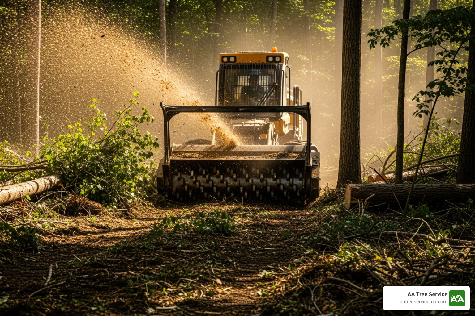 forestry mulching machine turning trees into mulch - forest clearing services