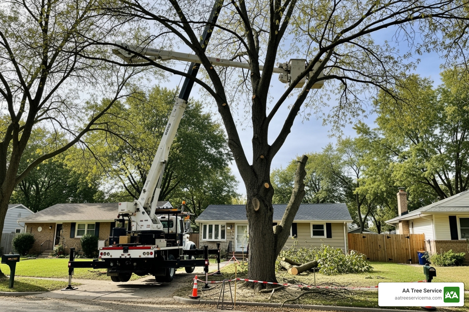 Professional tree service crew safely working on a large tree with proper equipment - Tree Removal Hampstead