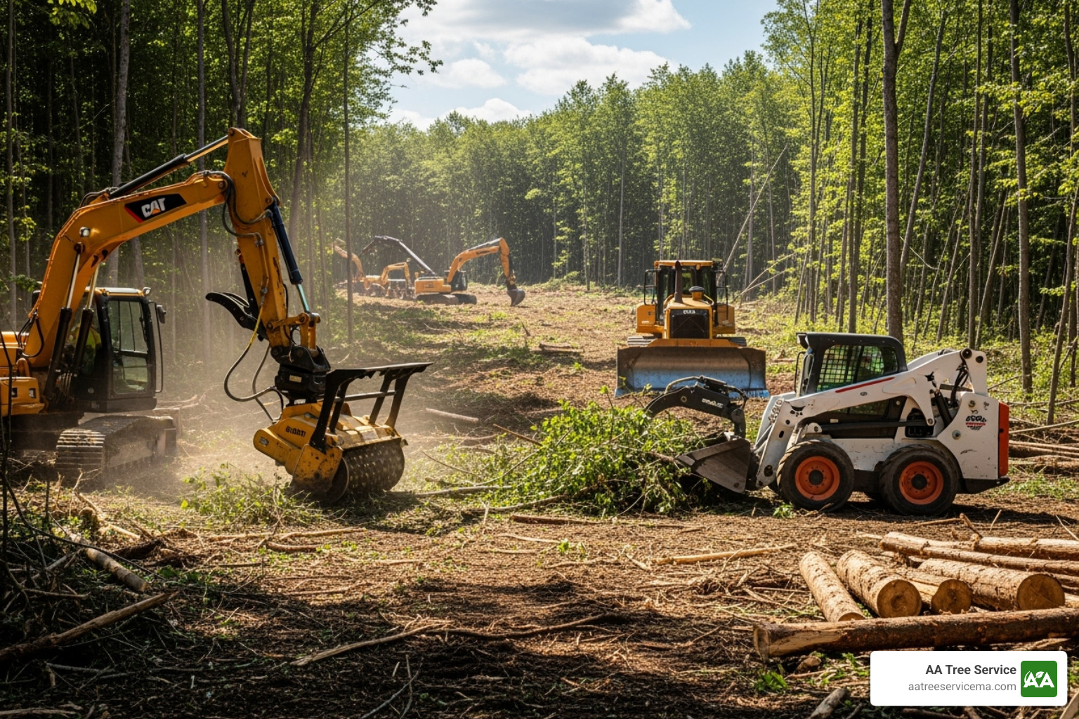 various land clearing equipment like an excavator and a skid-steer - forest clearing services
