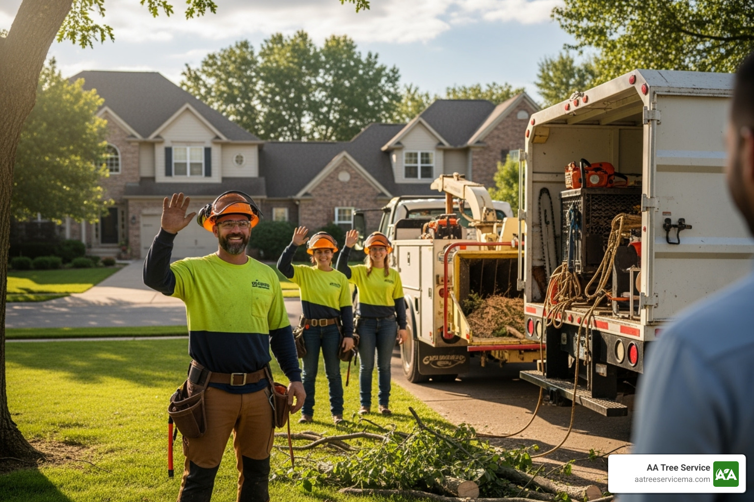 Tree service crew waving goodbye - Tree Removal Hampstead