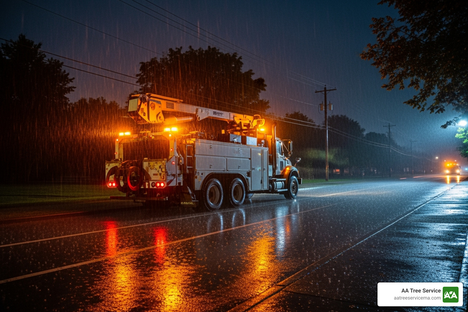 Service truck with lights on during a stormy night, ready for an emergency call - tree services west hampstead nh Service truck with lights on during a stormy night, ready for an emergency call - tree services west hampstead nh