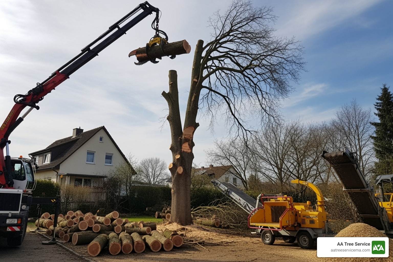 Professional crew safely dismantling a large tree near a house - tree services west hampstead nh Professional crew safely dismantling a large tree near a house - tree services west hampstead nh