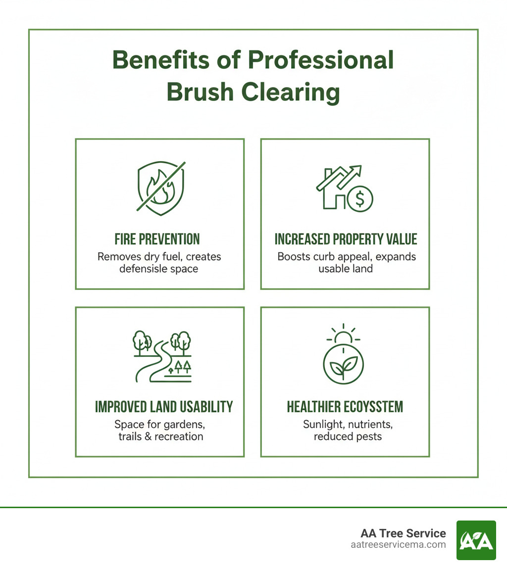 Infographic showing four key benefits of professional brush clearing: Fire Prevention through removal of dry fuel sources and creation of defensible space around structures; Increased Property Value by improving curb appeal and expanding usable land; Improved Land Usability by reclaiming space for gardens, trails, and recreation; and Healthier Ecosystem by allowing sunlight and nutrients to reach remaining vegetation while reducing pest habitats - brush clearing near me infographic Infographic showing four key benefits of professional brush clearing: Fire Prevention through removal of dry fuel sources and creation of defensible space around structures; Increased Property Value by improving curb appeal and expanding usable land; Improved Land Usability by reclaiming space for gardens, trails, and recreation; and Healthier Ecosystem by allowing sunlight and nutrients to reach remaining vegetation while reducing pest habitats - brush clearing near me infographic