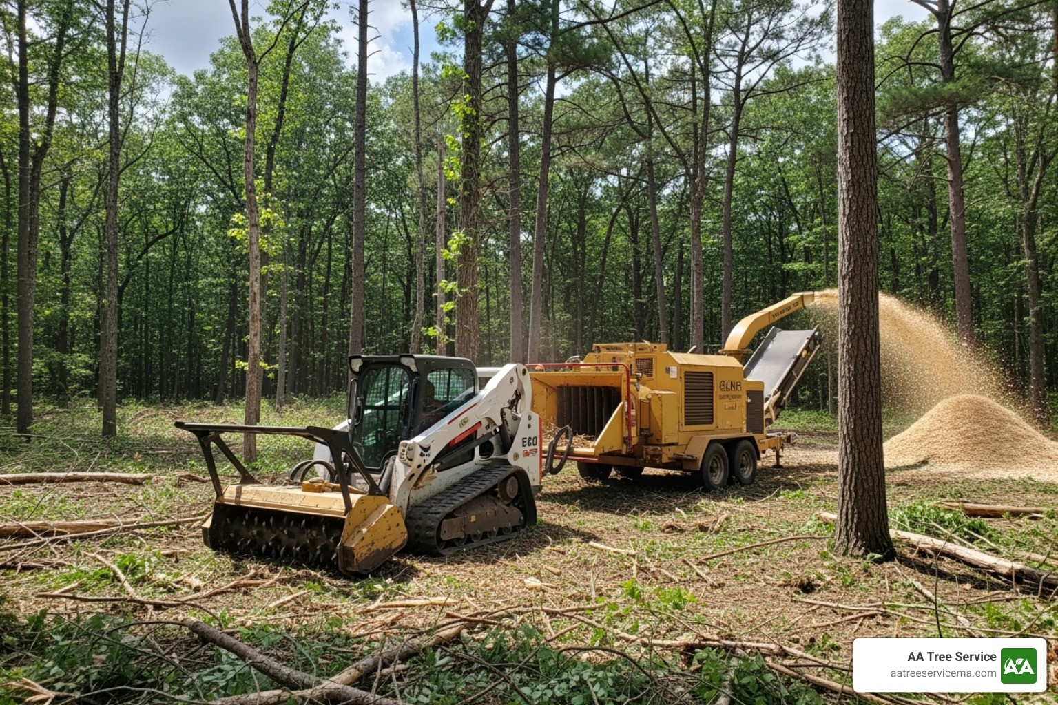 Professional crew operating a skid-steer and a wood chipper - brush clearing near me Professional crew operating a skid-steer and a wood chipper - brush clearing near me
